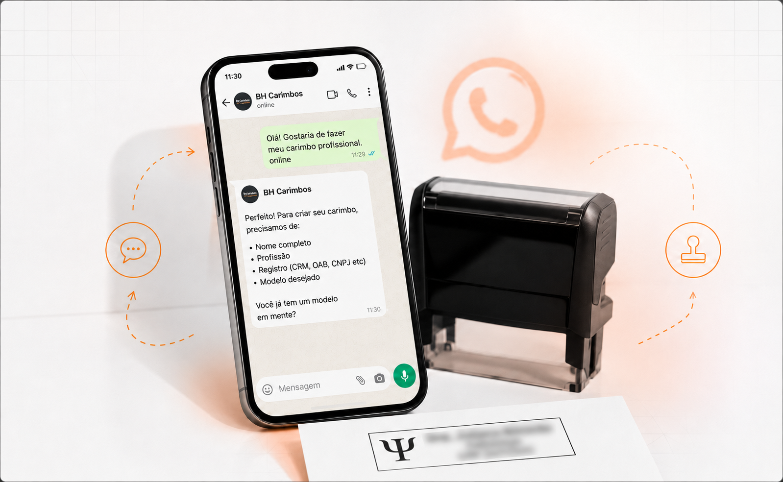 Pedido de carimbo pelo WhatsApp com aprovação de arte